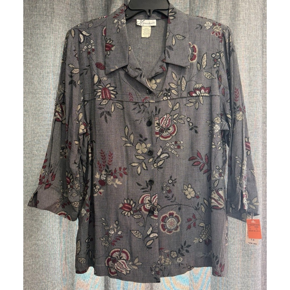 Dressbarn‎ Womens size 14 Button Up Collared Blouse Floral 3/4 Sleeve VTG NWT